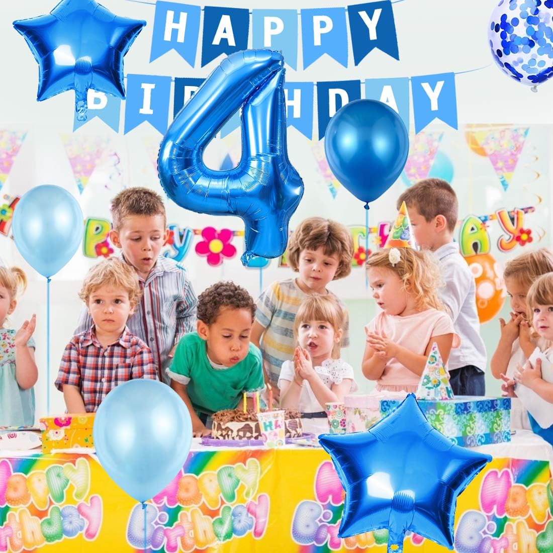 LuxeLark Set baloane pentru petrecere 24 piese cu baloane albastre pentru băieți și banner La Mulți Ani 4 ani