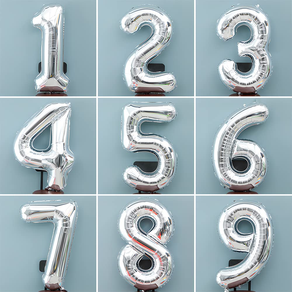 Balonii cu numere Ponmoo 25/52 Argintii, Răsuciti 0-100, Folienballons pentru Nuntă, Aniversare, Petrecere de Naștere
