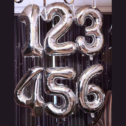 Balonii cu numere Ponmoo 25/52 Argintii, Răsuciti 0-100, Folienballons pentru Nuntă, Aniversare, Petrecere de Naștere