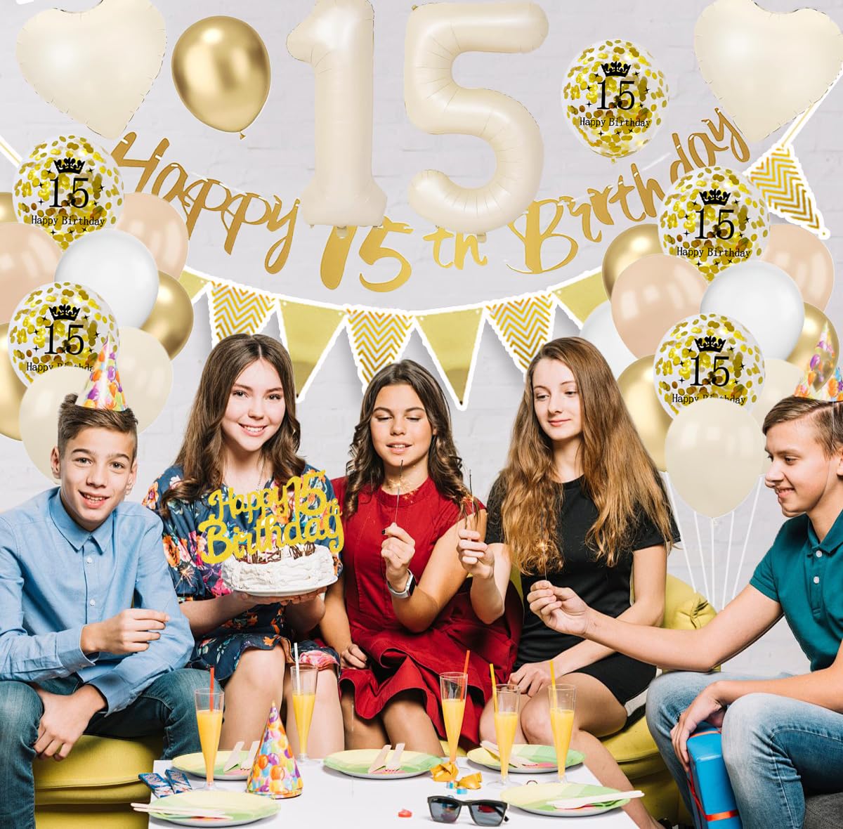 VUCDXOP Set de decorare baloane pentru petrecere 12 ani bej cu banner și decorațiuni tort