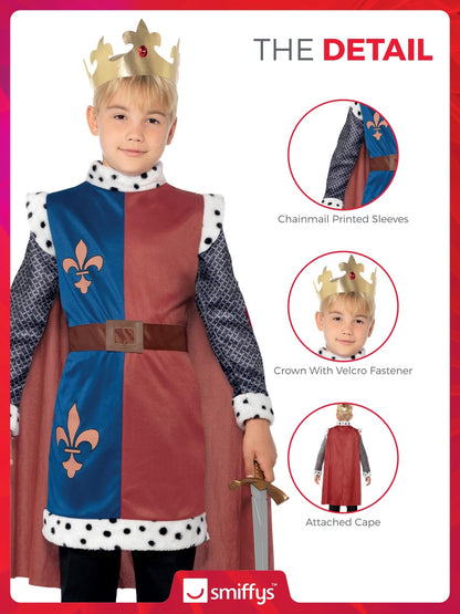Costum de Rege Arthur Smiffys, roșu, cu mantie, coroana și tunică cu blazon