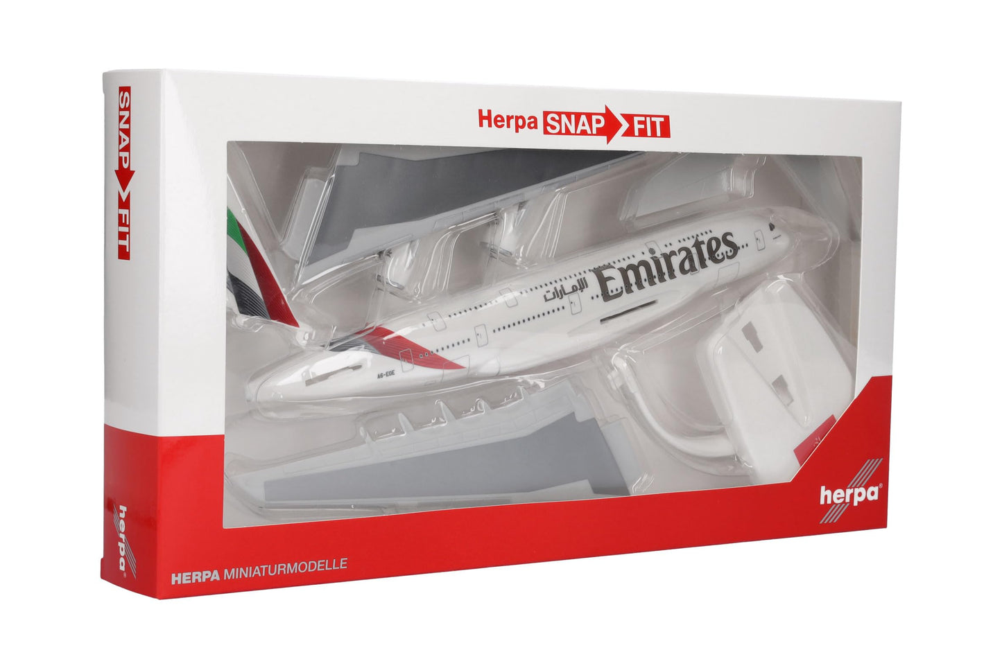 Avion de model Snap-Fit Emirates Airbus A380 - Culori noi 2023 - A6-EOE, Miniatură 1:250, Sammlare, Model cu suport, Plastic, Alb