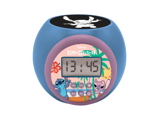 Ceas de proiecție Lexibook Disney Stitch cu funcție de alarmă și snooze, lumini de noapte cu timer, ecran LCD, funcționează pe baterii, albastru, RL977D