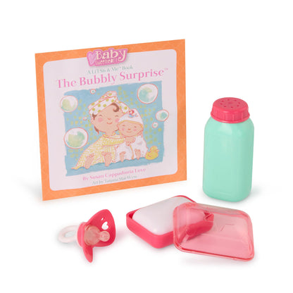 Păpușa Baby Sweetheart cu haine, suzetă și accesorii pentru baie – Păpușă moale și carte ilustrată în limba engleză – Jucărie pentru copii de la 2 ani
