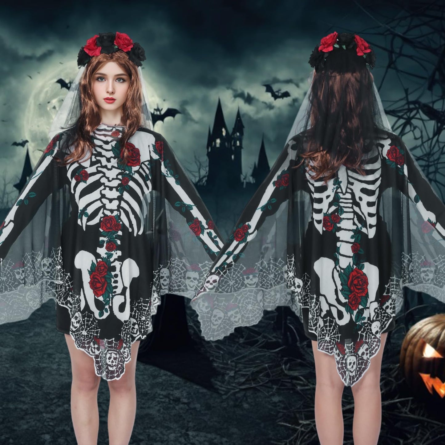 Poncho Skelett HarnyLoom pentru femei, Halloween, cu voal din dantelă, ziua morților, mantou roz și negru, accesorii goth, tatuaje pentru față, carnaval, cosplay.