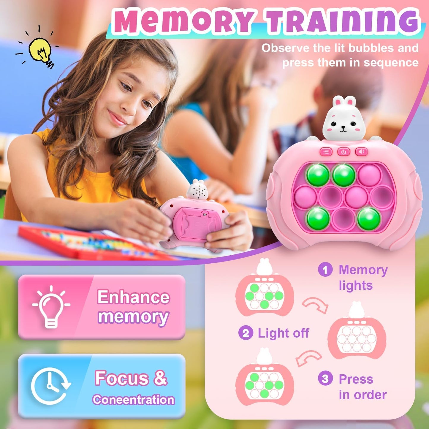 Jucărie senzorială cu butoane pop - Consolă de jocuri cu bule pentru copii, joc de descompresie, mașină de puzzle, joc cu lumini, cadou de ziua de naștere pentru copii 3+ (Iepuraș)