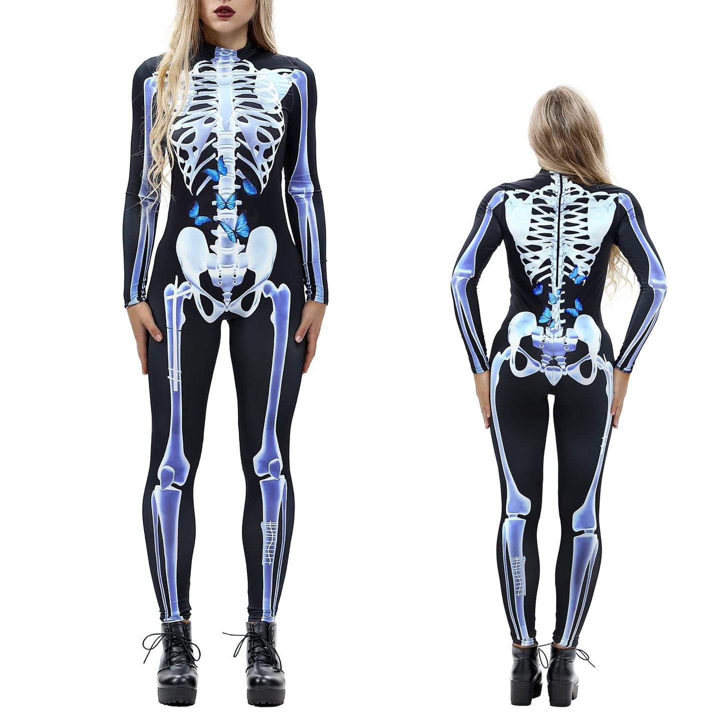NEWUPZSI Salopeta Schelet Halloween, maneci lungi