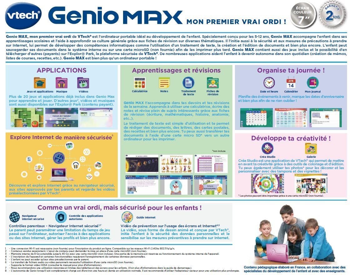 VTech Genio MAX - Primul meu adevărat computer roz metalic, laptop pentru copii cu ecran color de 7 inch, mouse, 60 de activități educaționale și jocuri, cadou pentru copii de 5-12 ani.
