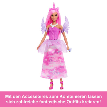 Barbie JFL66 Set de construcție Advent cu păpușă și 24 accesorii surpriză cu unicorn și animale, păpușă de modă transformabilă în sirenă, zână și altele, de la 3 ani