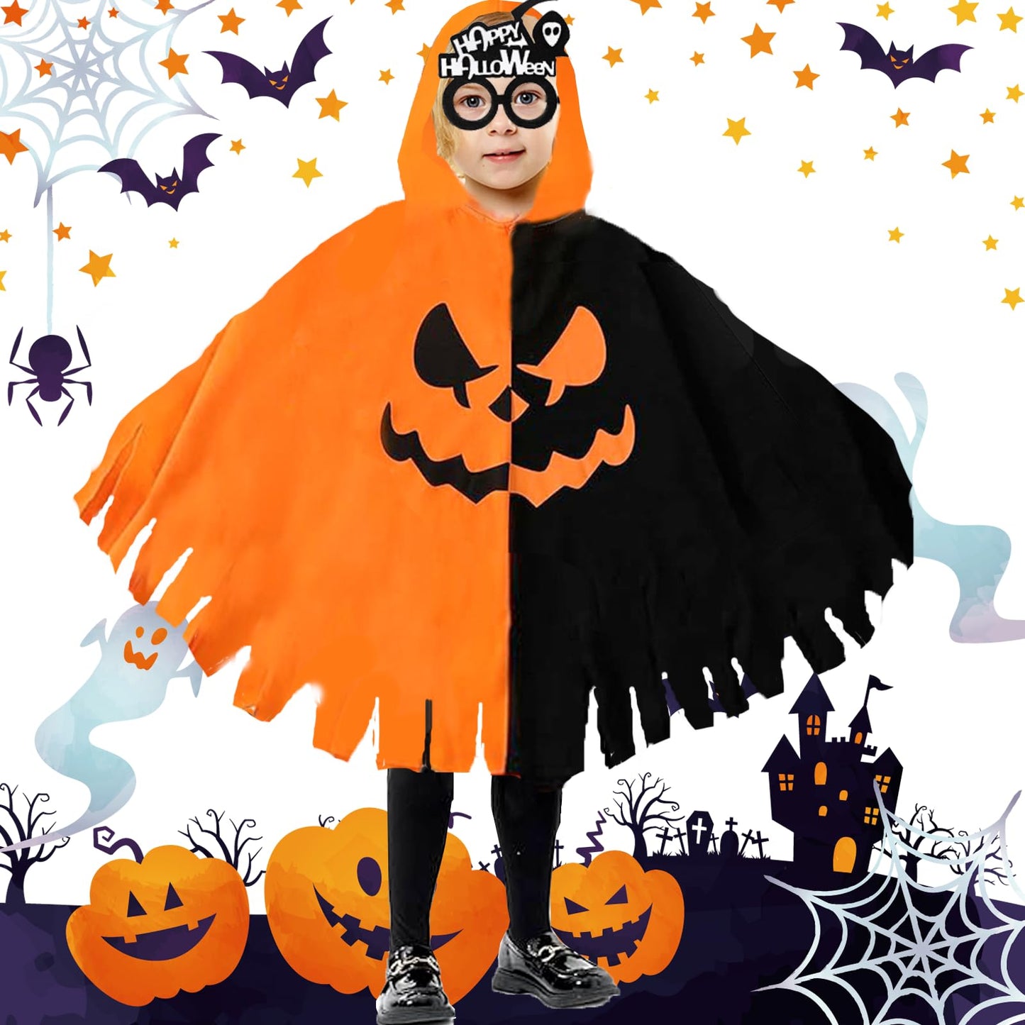 Jingtops Costum Halloween Pelerină Dovleac, 3-12 ani