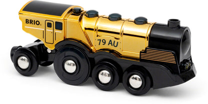 BRIO World 33630 Locomotivă cu baterii aurie cu lumină și sunet cu funcție de decuplare pentru utilizare ca locomotivă de împins recomandată de la 3 ani