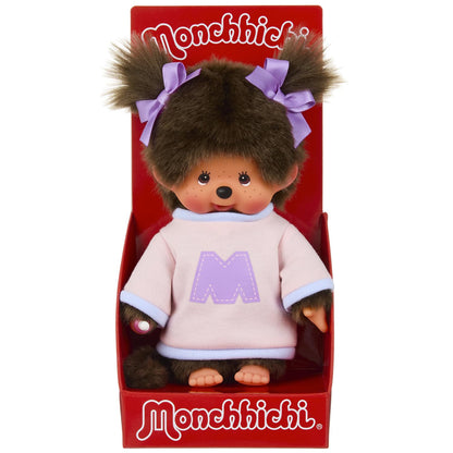 BANDAI - Monchhichi - Figurina din pluș Monchhichi cu hanorac M - Iconic Monchhichi din anii '80 - Pluș 20 cm pentru copii - Hanorac cu litera M - Jucărie pentru copii de la 2 ani - SE203956