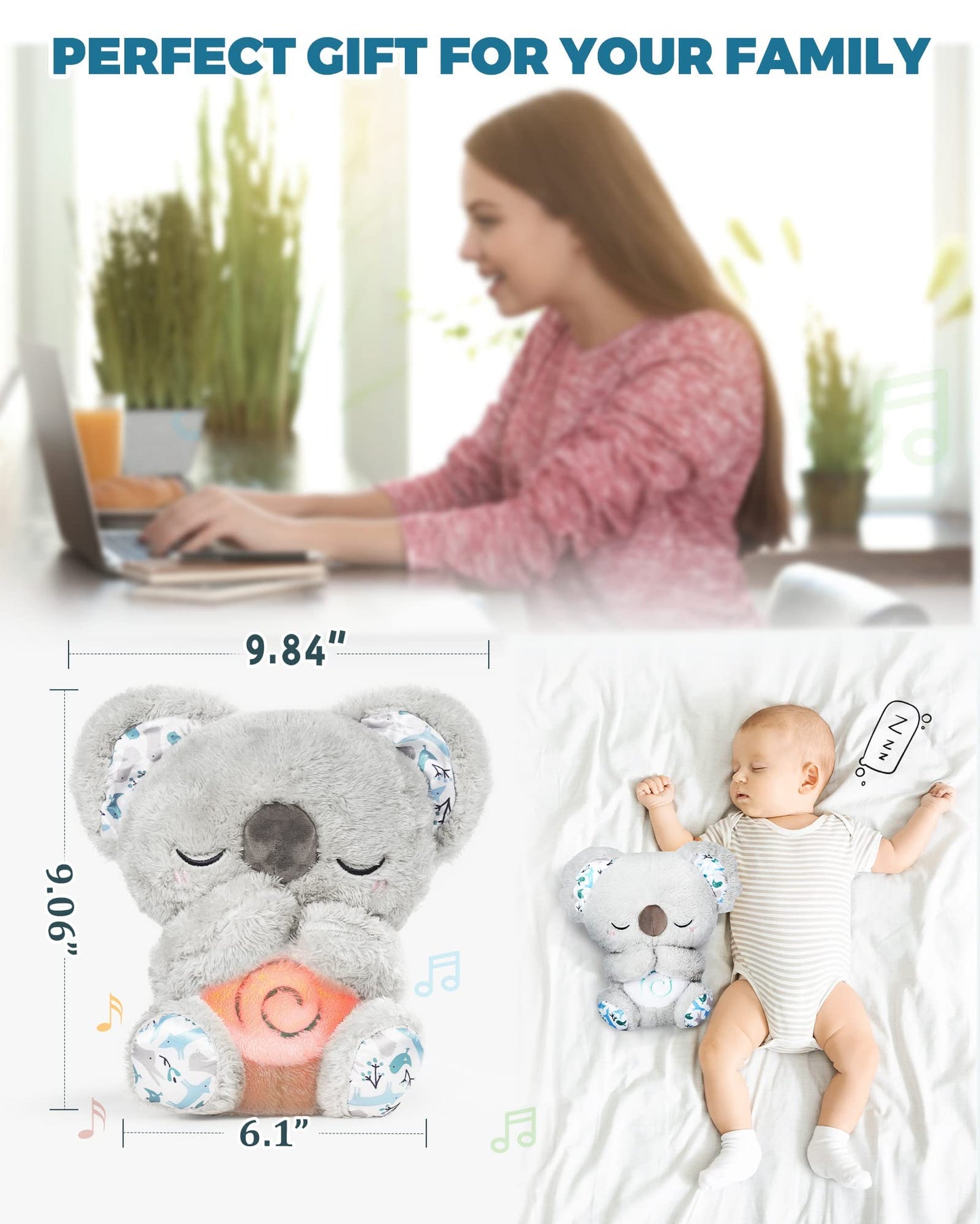Auby Soothe n' Cuddle Koala Jucărie de pluș cu funcție de calmare pentru nou-născuți cu 10 cântece de leagăn, lumini și respirație ritmică
