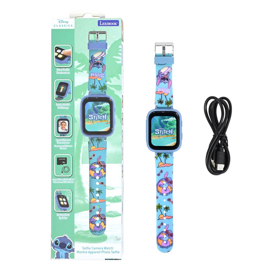 Ceas cu cameră selfie Disney Stitch Lexibook DMW070D, touchscreen HD, cameră 720p, player MP3, difuzor integrat, dictafon, pedometru, 5 jocuri, albastru.