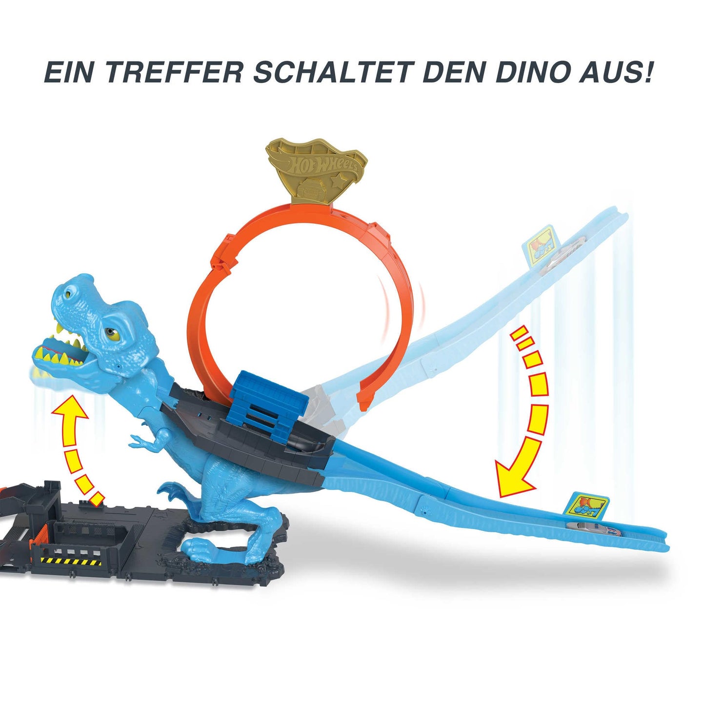 Pista Hot Wheels T-Rex Attack, joc de îndemânare prin timing și țintire precise, cu circuit cu looping, jucărie auto, pentru copii de la 4 ani, HNP77