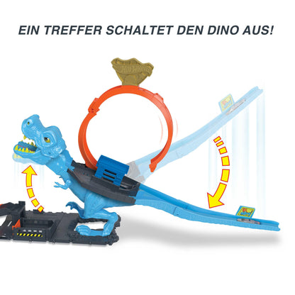 Pista Hot Wheels T-Rex Attack, joc de îndemânare prin timing și țintire precise, cu circuit cu looping, jucărie auto, pentru copii de la 4 ani, HNP77