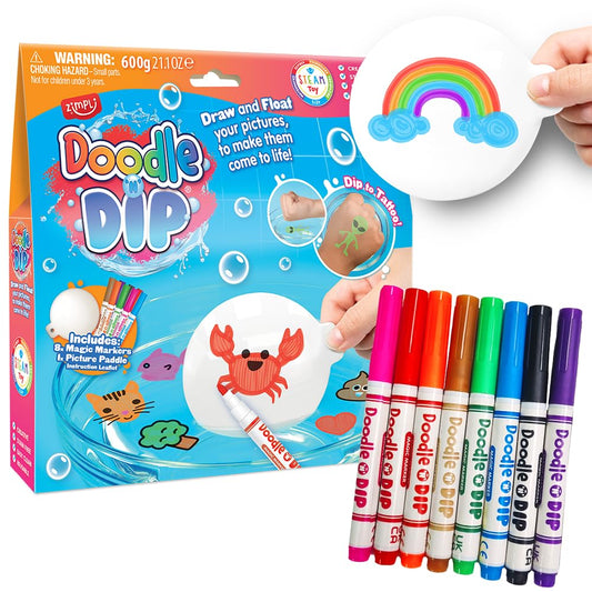 ZIMPLI Doodle N Dip Set de desen cu 8 markere magice și paletă pentru pictură, tatuaje temporare, pensule magice pentru pictură în acuarelă