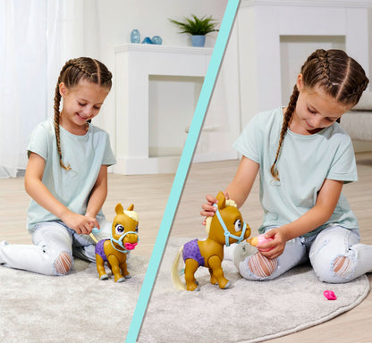 Simba 105950009 Set de joacă Pony Pamper Petz 24 cm cu funcție de băut și udare, mânz cu coadă pieptănabilă, schimbare culoare, animal de companie cu scutec, 11 surprize, pentru fete și băieți de la 3 ani