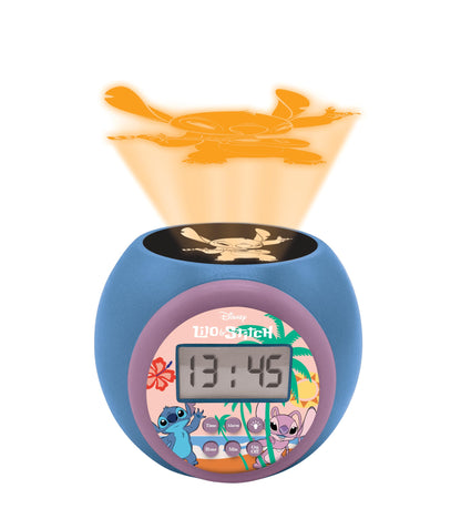 Ceas de proiecție Lexibook Disney Stitch cu funcție de alarmă și snooze, lumini de noapte cu timer, ecran LCD, funcționează pe baterii, albastru, RL977D