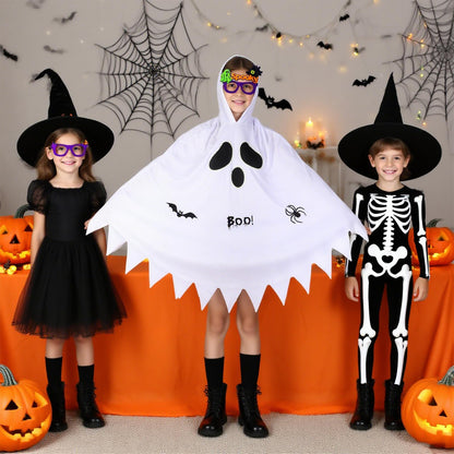 Costum de fantomă pentru copii Kinwers, alb, Halloween, cu ochelari luminoși, pentru înălțimi de 105-115 cm.