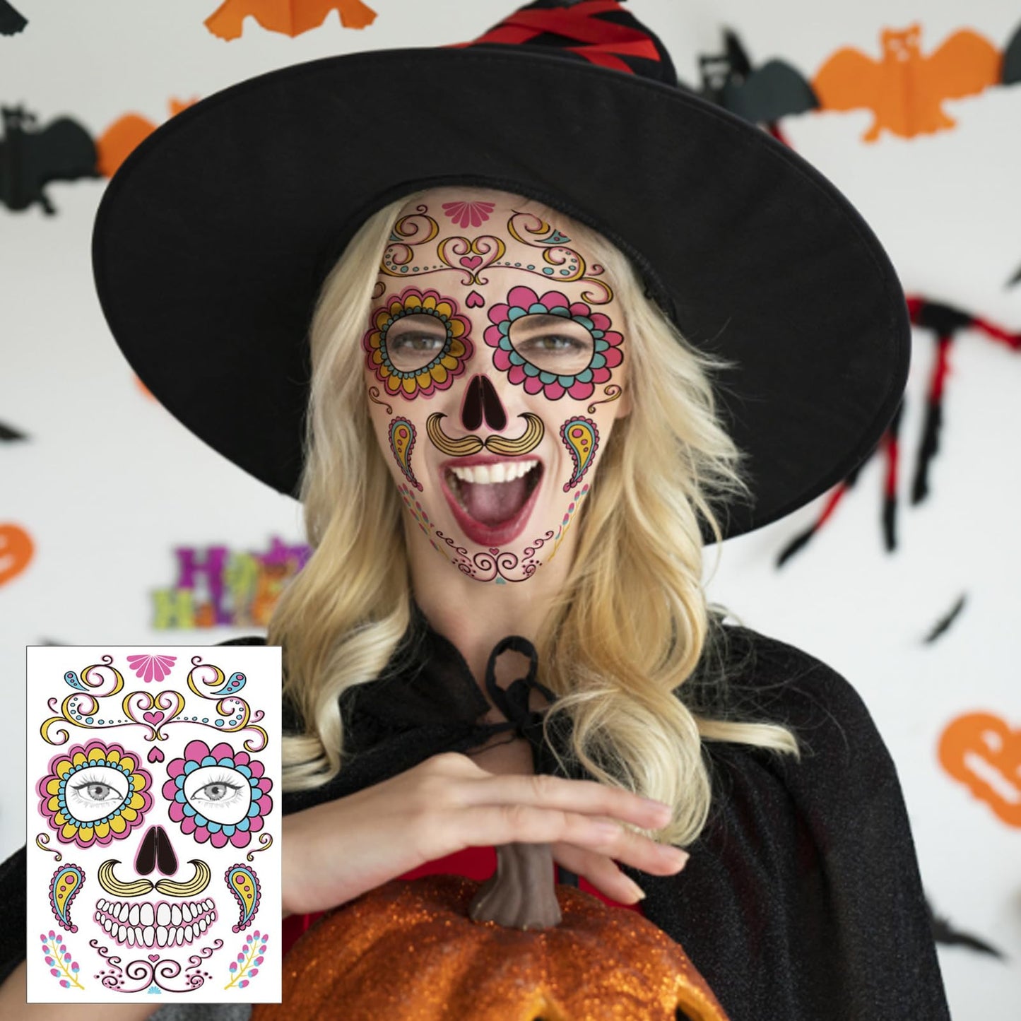 Antsparty Costum schelet Halloween femei cu coroană, tatuaje