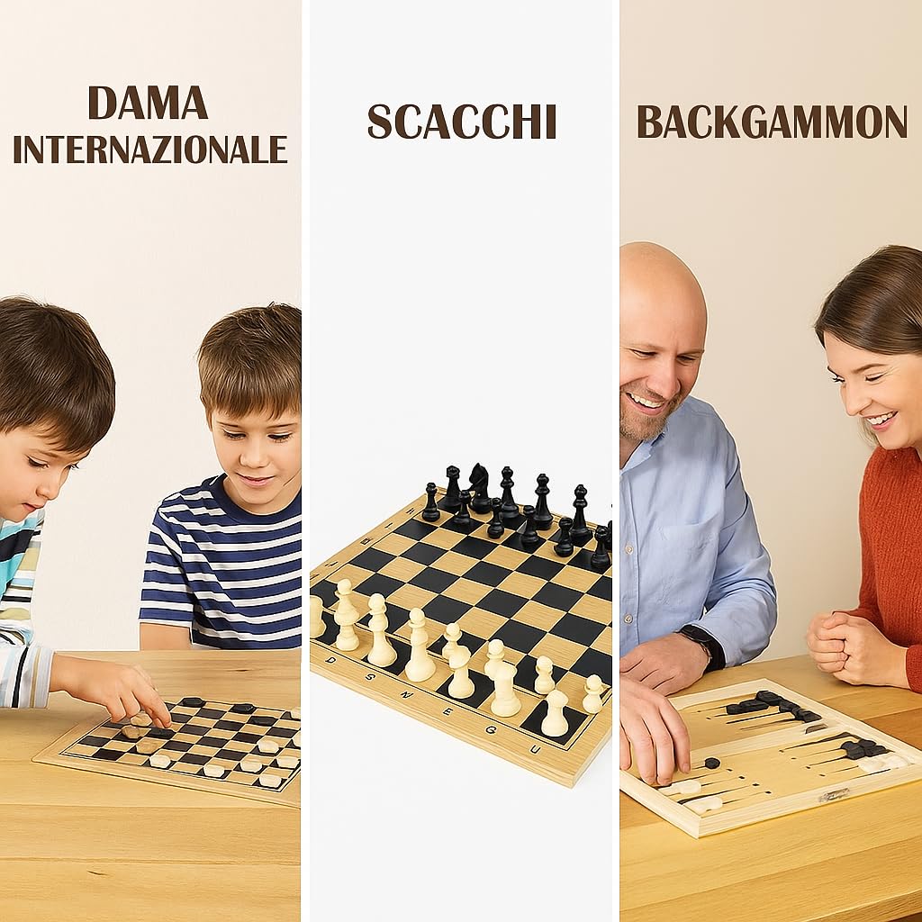 Globly Set Șah Dame Backgammon 3 în 1, lemn pliabil