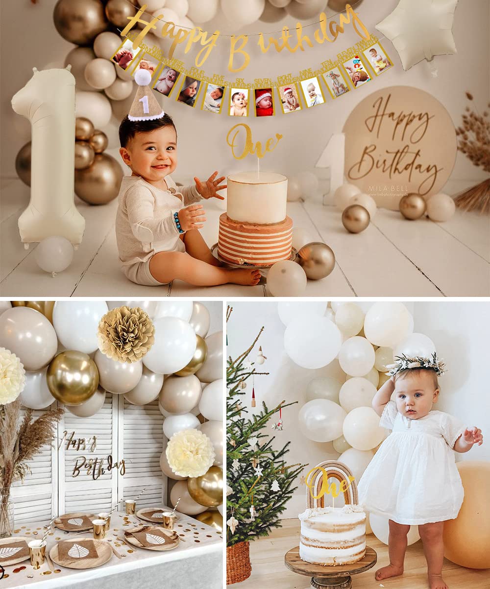 Set decorațiuni petrecere aniversare 1 an, bej-alb-auriu
