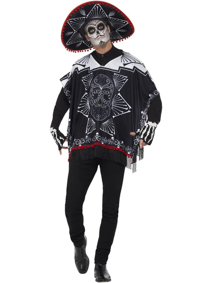 Smiffys Tag der Toten Costum Bandit pentru Bărbați cu Poncho, Sombrero și Mănuși, Negru și Alb, One Size