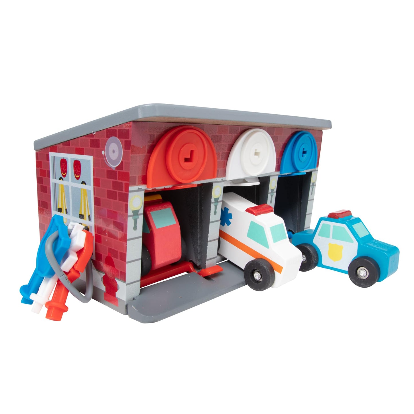 Melissa & Doug Garage de jucărie cu chei și vehicule de salvare din lemn 7 piese de la 3 ani
