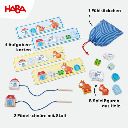 HABA 5580 - Prima mea lume de joc Ferma, joc de șnuruit pe teme de fermă, joc educativ și jucărie motrică pentru copii de la 18 luni, jucărie din lemn.
