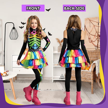 Ntwdby Costum Schelet Colorat fete, Halloween
