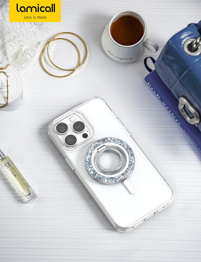 Suport Magnetic pentru Telefon Lamicall Bling pentru MagSafe - [Inel Strălucitor 2025] cu Rotire 360° pentru iPhone 17 16 15 14 13 Pro/Pro Max/Plus/Air, Alte Telefoane cu Inel Metalic - Argintiu