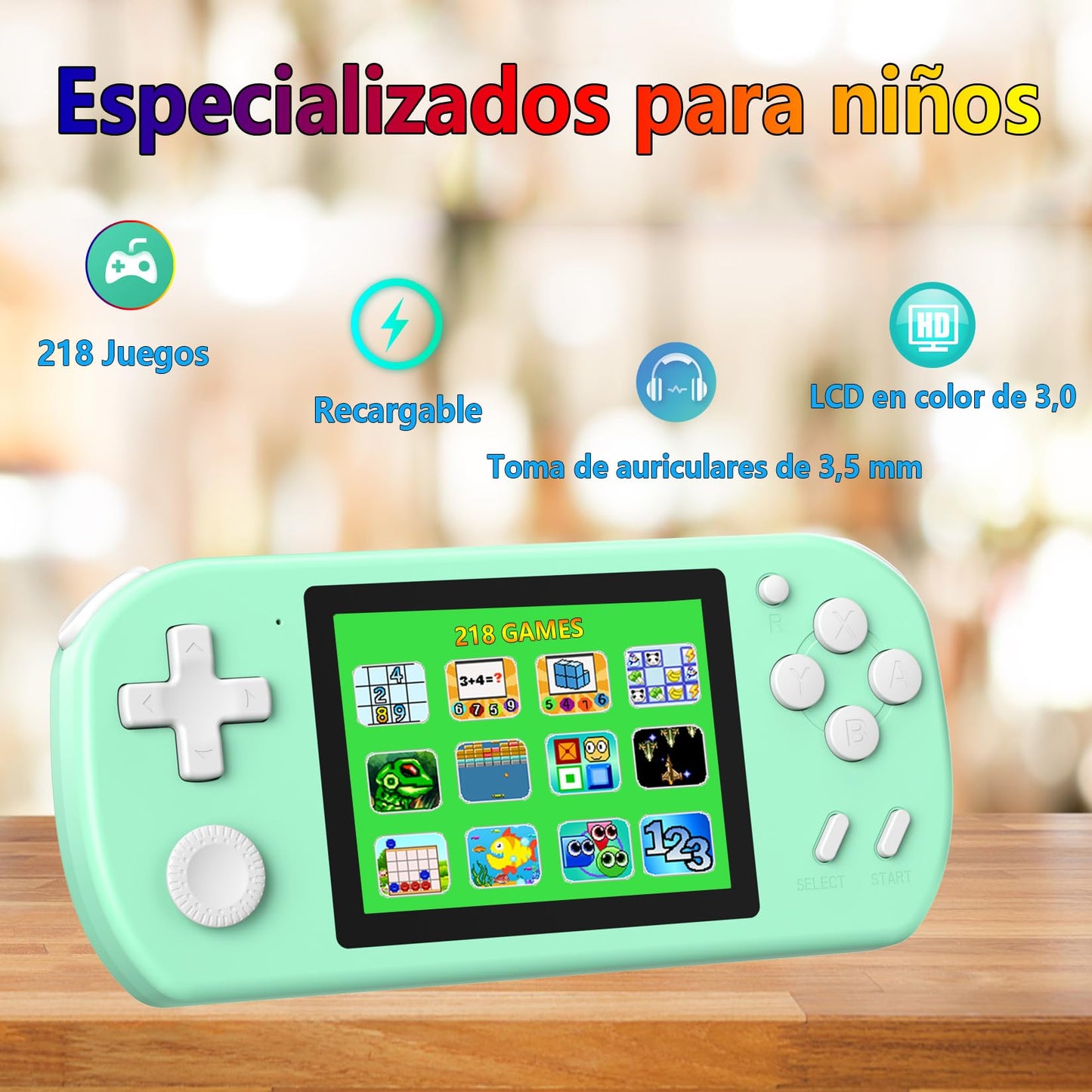 KAVOYI KA682 Consolă portabilă pentru copii cu 218 jocuri video preinstalate, ecran LCD 3,0 inch, consolă retro mini cu baterie reîncărcabilă, cadou jucărie cyan