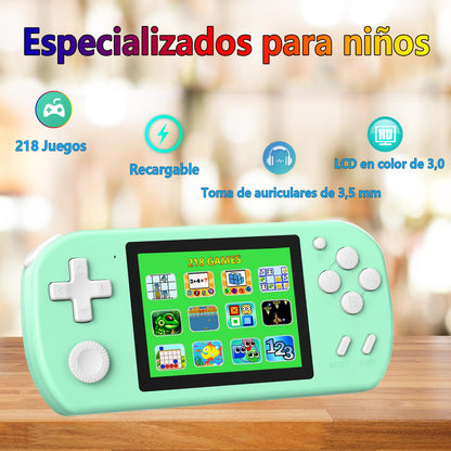 KAVOYI KA682 Consolă portabilă pentru copii cu 218 jocuri video preinstalate, ecran LCD 3,0 inch, consolă retro mini cu baterie reîncărcabilă, cadou jucărie cyan