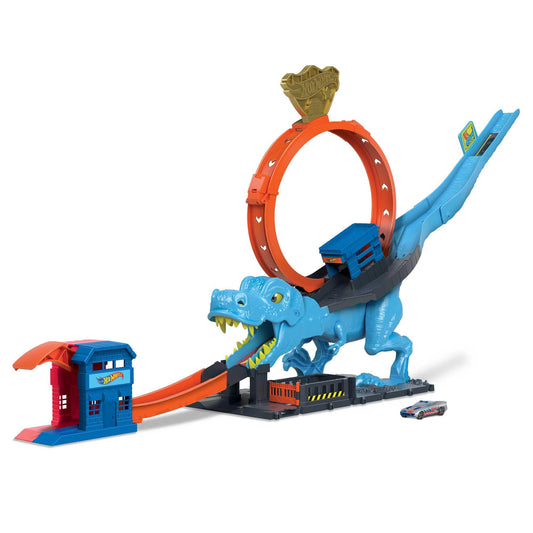 Pista Hot Wheels T-Rex Attack, joc de îndemânare prin timing și țintire precise, cu circuit cu looping, jucărie auto, pentru copii de la 4 ani, HNP77