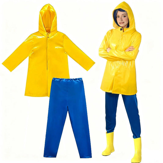 animacoser coraline Costum de damă cu pelerină galbenă de ploaie și pantaloni albaștri pentru carnaval și Halloween
