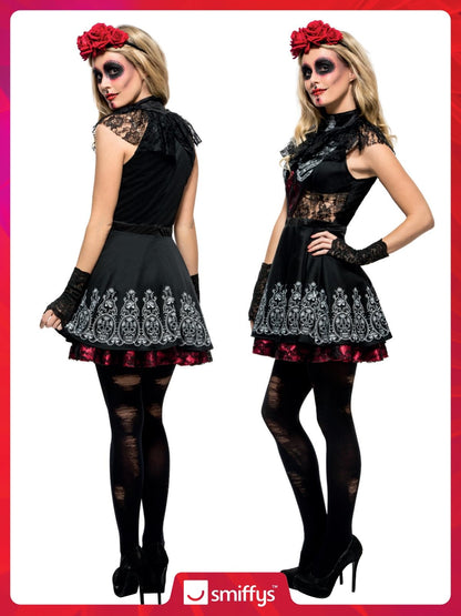 Smiffys Fever Costum Ziua Morților pentru Femei, Rochie cu Fustă Atașată și Bentita cu Trandafiri, Negru, M
