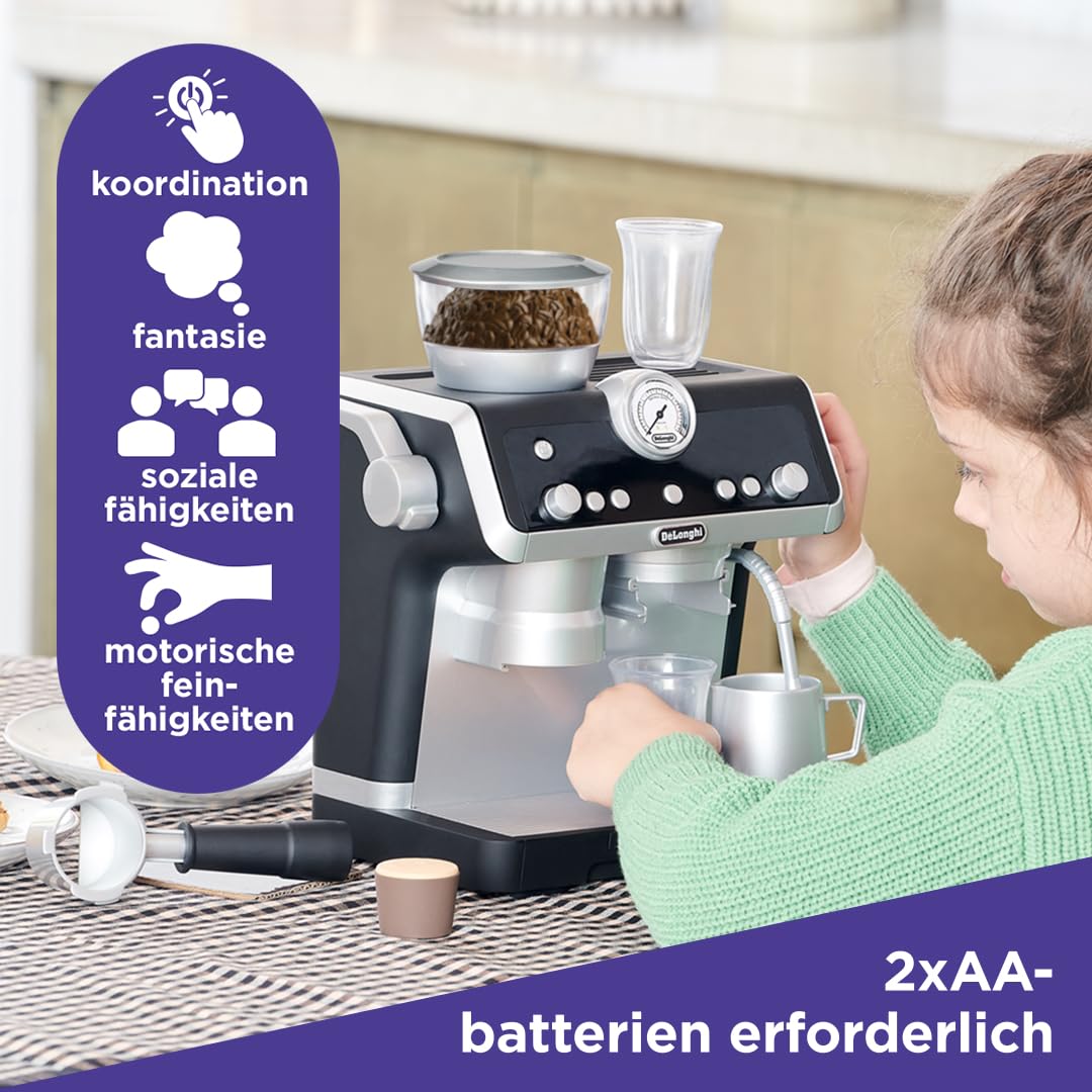 Mașină de cafea Casdon De'Longhi espressor pentru copii. Set de joacă cu bucătărie, cu piese mobile, sunete realiste și cafea magică. Recomandat copiilor de la 3 ani.