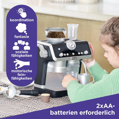 Mașină de cafea Casdon De'Longhi espressor pentru copii. Set de joacă cu bucătărie, cu piese mobile, sunete realiste și cafea magică. Recomandat copiilor de la 3 ani.