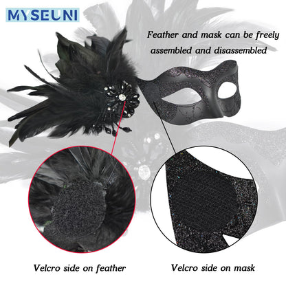 MYSEUNI Set de măști de carnaval pentru cupluri negre - Măști de carnaval pentru femei cu pene și mască venețiană pentru bărbați