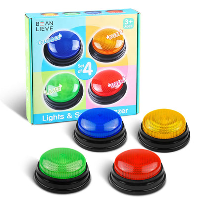 BEAN LIEVE GB-02 Set de buzzere pentru răspunsuri cu 4 sunete personalizate, sirenă, buzzer, laser și încărcare, pentru jocuri în clasă și acasă, set de 4, multicolor