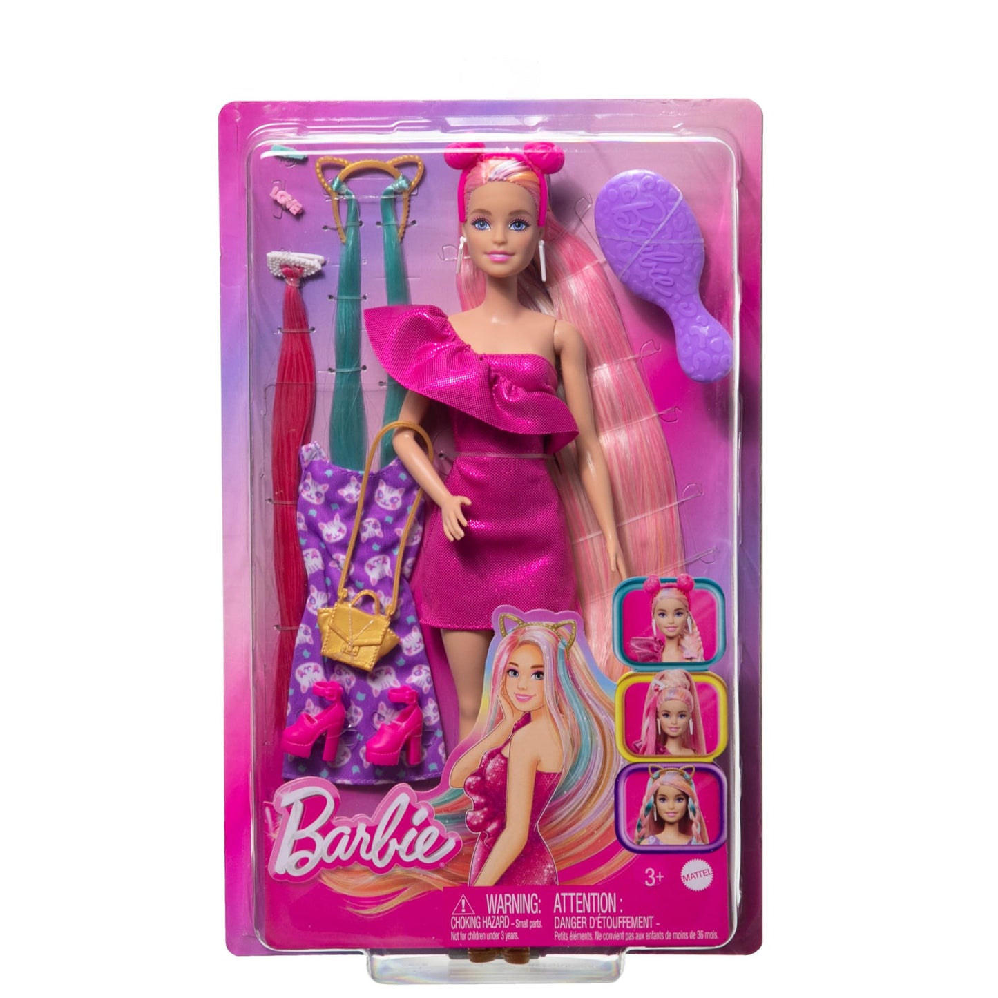 Barbie Fun & Fancy Hair Păpușă cu păr blond extralung colorat și rochie roz strălucitoare 3+ ani