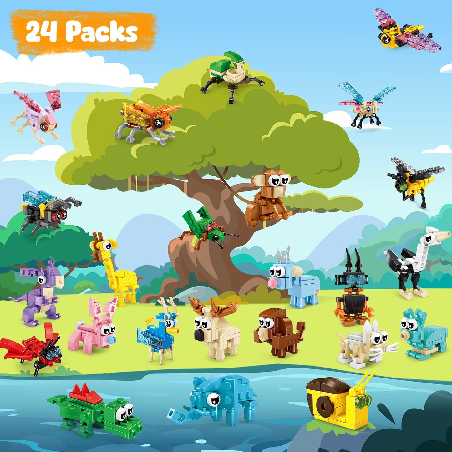 MOONTOY Set constructie animale 3-in-1, 24 piese