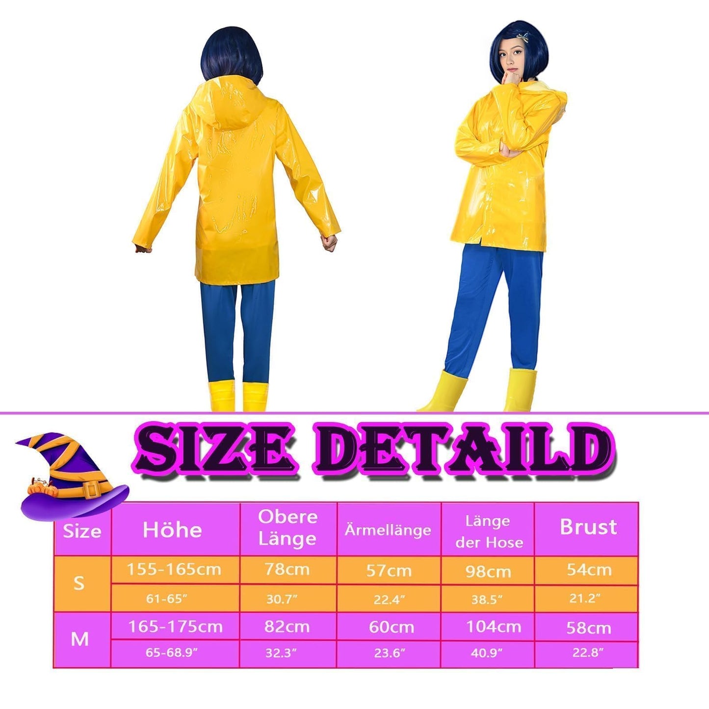 animacoser coraline Costum de damă cu pelerină galbenă de ploaie și pantaloni albaștri pentru carnaval și Halloween