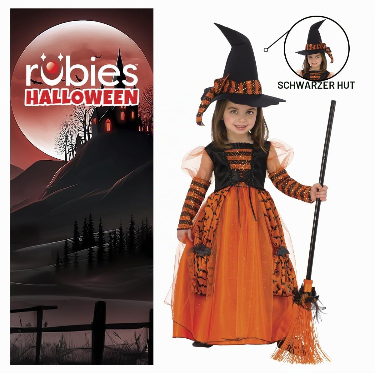 Rubies 510567 Costum de vrăjitoare strălucitor pentru fete, rochie portocalie cu detalii sclipitoare și pălărie cu paiete pentru Halloween, Carnaval, Zi de naștere și Crăciun