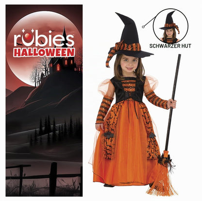 Rubies 510567 Costum de vrăjitoare strălucitor pentru fete, rochie portocalie cu detalii sclipitoare și pălărie cu paiete pentru Halloween, Carnaval, Zi de naștere și Crăciun