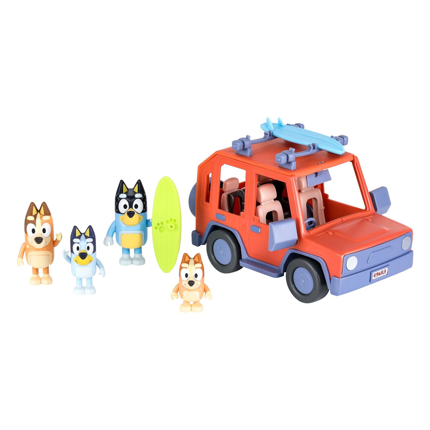 BlueY Heeler - Mașină de familie cu tracțiune integrală și set de 4 figurine, figurine de 6-8 cm, 2 plăci de surf și autocolante ca accesorii, exclusiv pe Amazon.