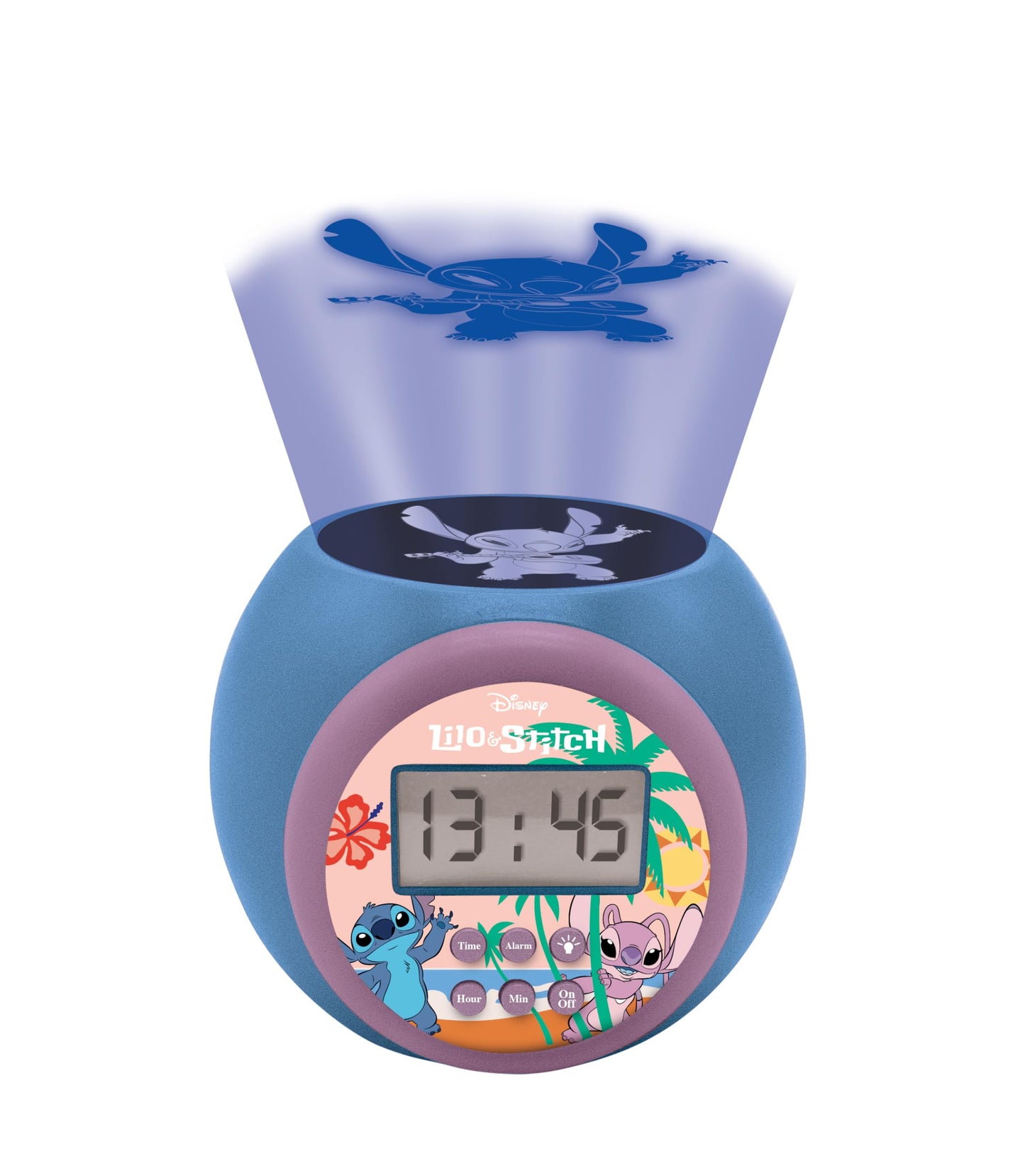 Ceas de proiecție Lexibook Disney Stitch cu funcție de alarmă și snooze, lumini de noapte cu timer, ecran LCD, funcționează pe baterii, albastru, RL977D