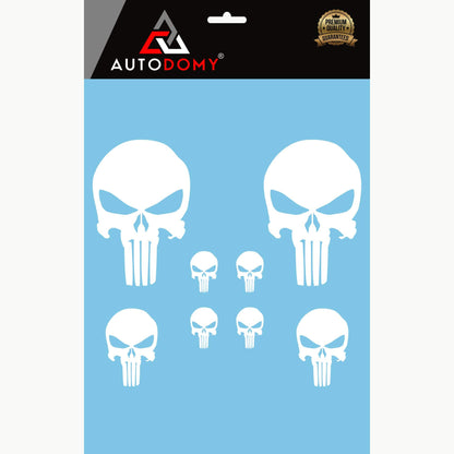 Autodomy Stickere Cranii Pachet de 8 Unități | Vinil Auto Adesiv | Stickere Exterioare Auto | Vinil Craniu Topit | Adesive pentru Moto și Cască (Alb)
