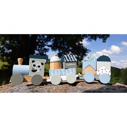 Eichhorn 7/100003804 Set tren din lemn cu 2 vagoane și 13 cuburi colorate, 16 piese, 29 cm, jucărie motricitate pentru copii de la 1 an (gri/bleu deschis)
